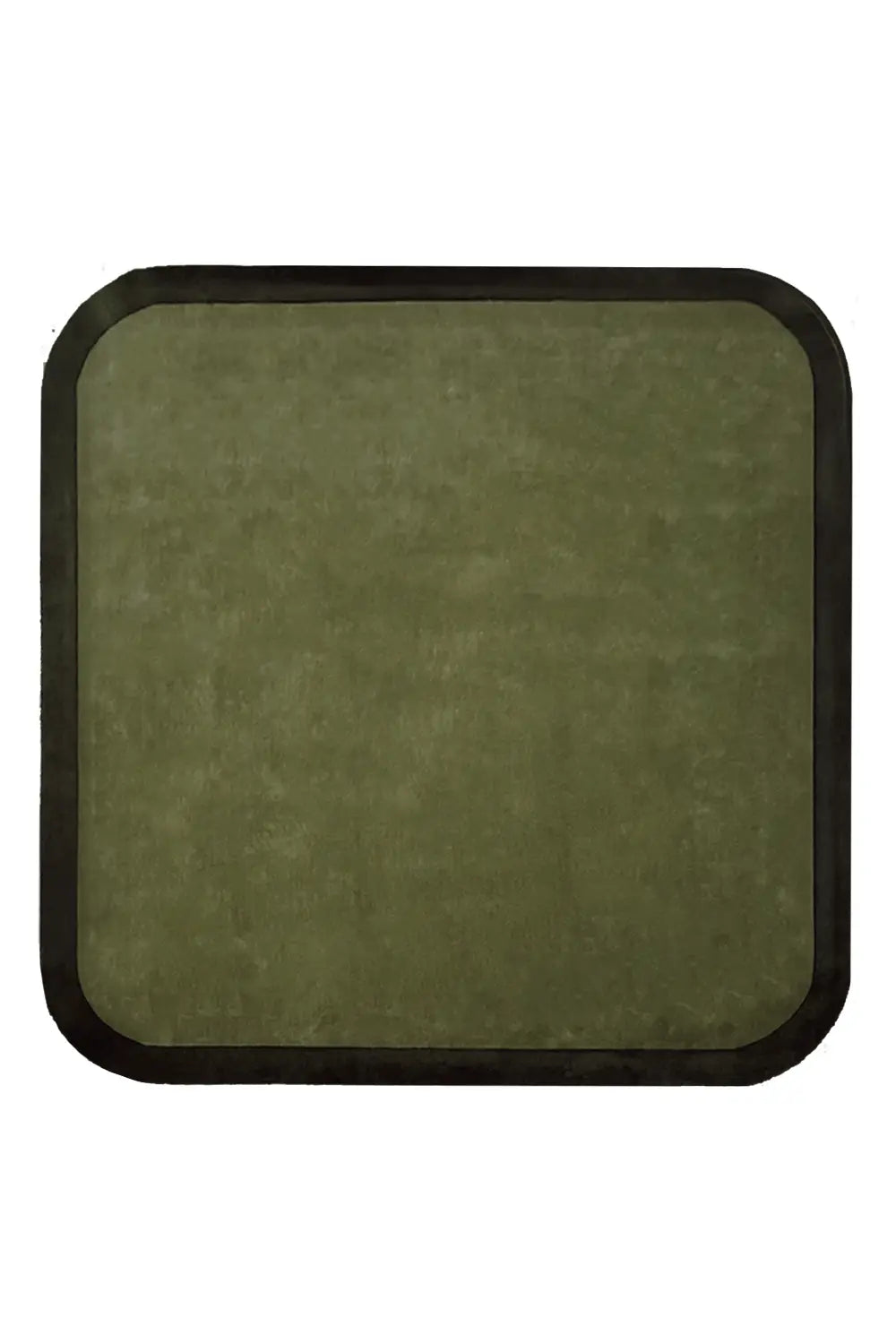Square wool rug with rounded contour edges in modern green tones.
