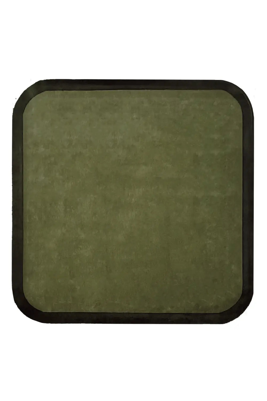 Square wool rug with rounded contour edges in modern green tones.

