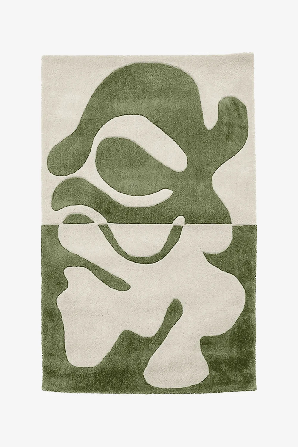 Olive green and cream abstract wool rug, modern living room area rug with organic shapes