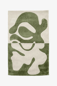 Olive green and cream abstract wool rug, modern living room area rug with organic shapes