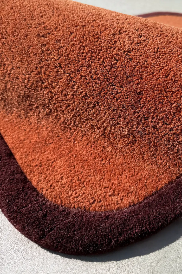 6x9 brown wool rug with curved edges and dark border