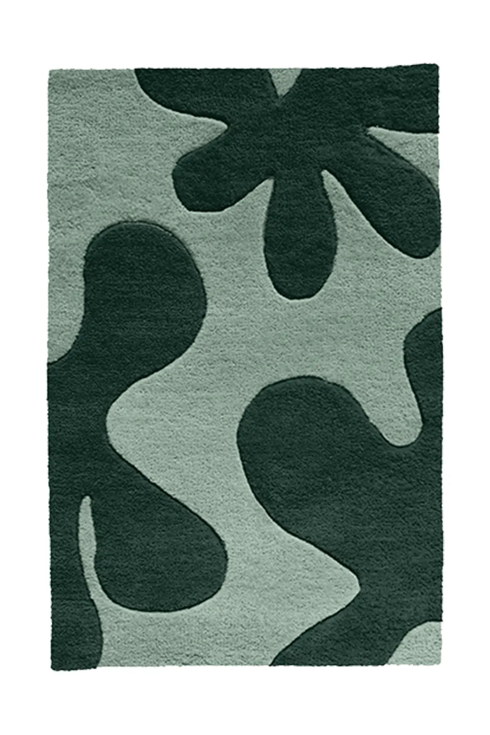 Abstract floral tufted wool rug in shades of sage and deep green, showcasing organic floral patterns.