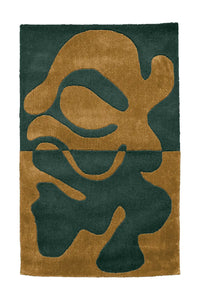 Mustard and forest green abstract wool rug, boho modern rug for living rooms and bedrooms