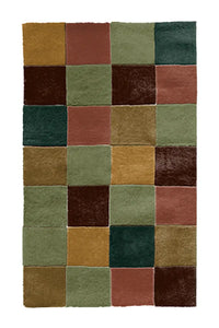 Earthy green and brown checkerboard rug, rustic modern wool rug