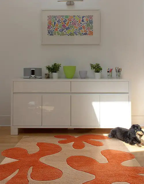 Bright living space featuring a modern rug with bold orange floral patterns, complemented by a sleek white console and colorful decor, with a dog lounging in the sunlight.