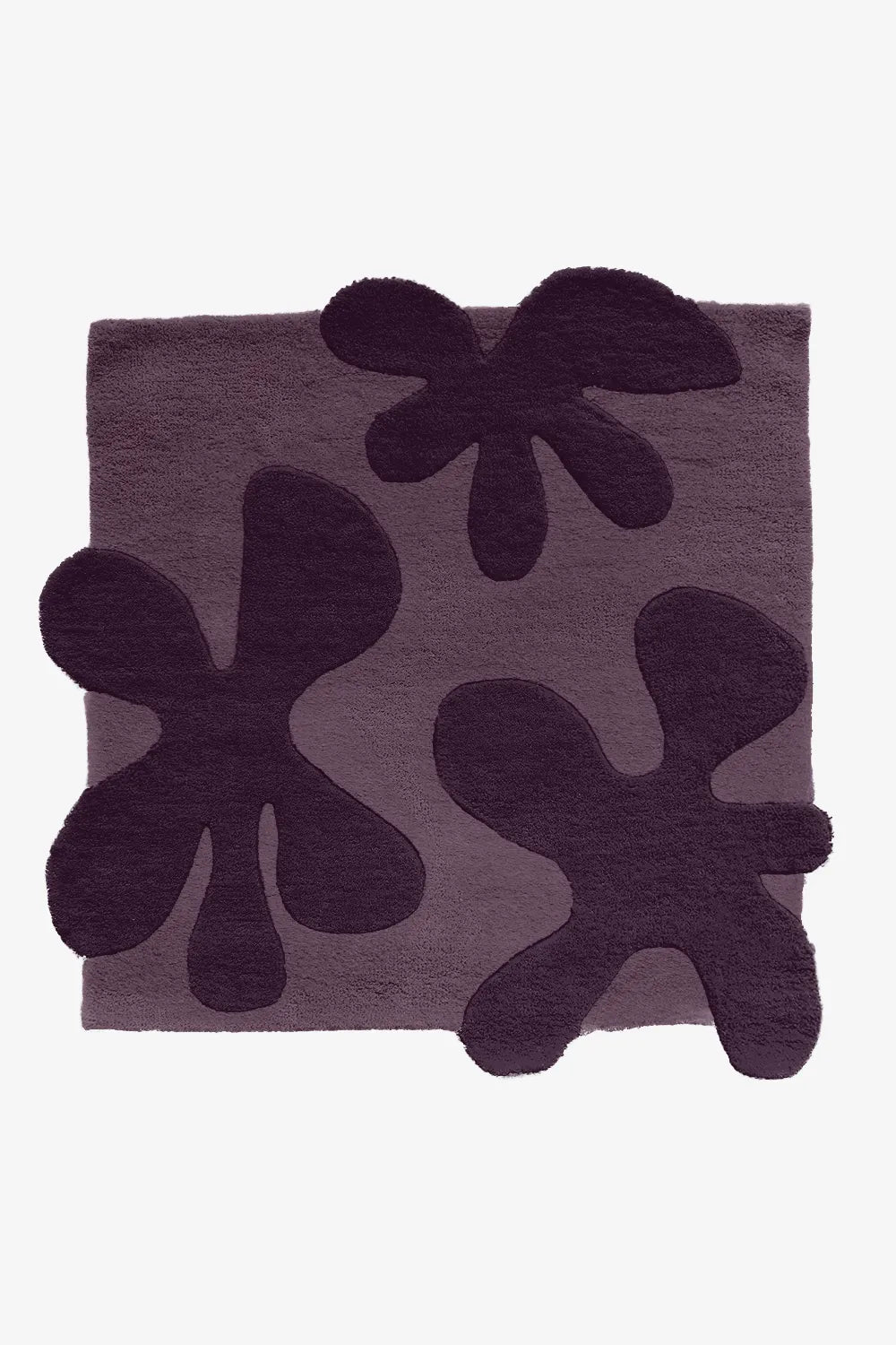 Deep plum floral square rug, bold modern wool rug for eclectic interiors