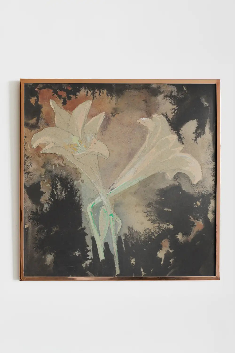 Vintage square floral still life painting featuring lilies with a dark abstract background.