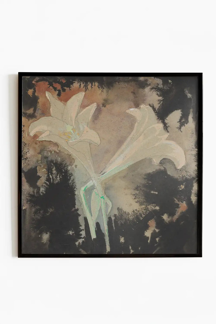 Vintage square floral still life painting featuring lilies with a dark abstract background in a square black frame