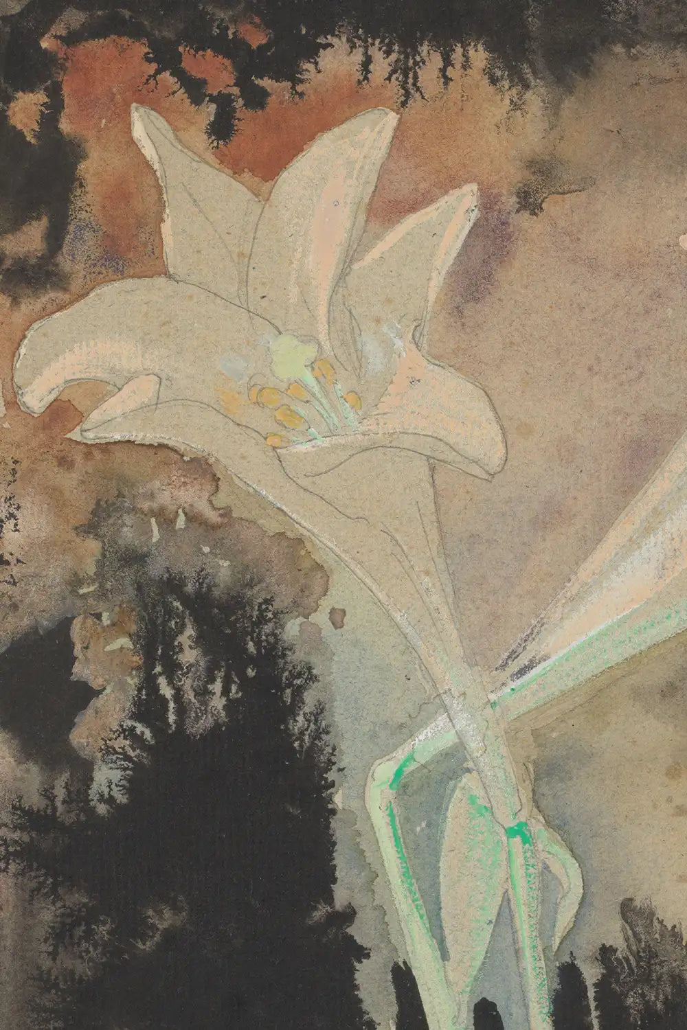 close up texture of vintage square floral still life painting featuring lilies with a dark abstract background.