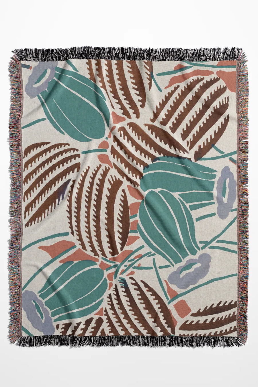 Desert-inspired woven throw blanket with cactus and floral patterns in earthy green, brown, and beige.
