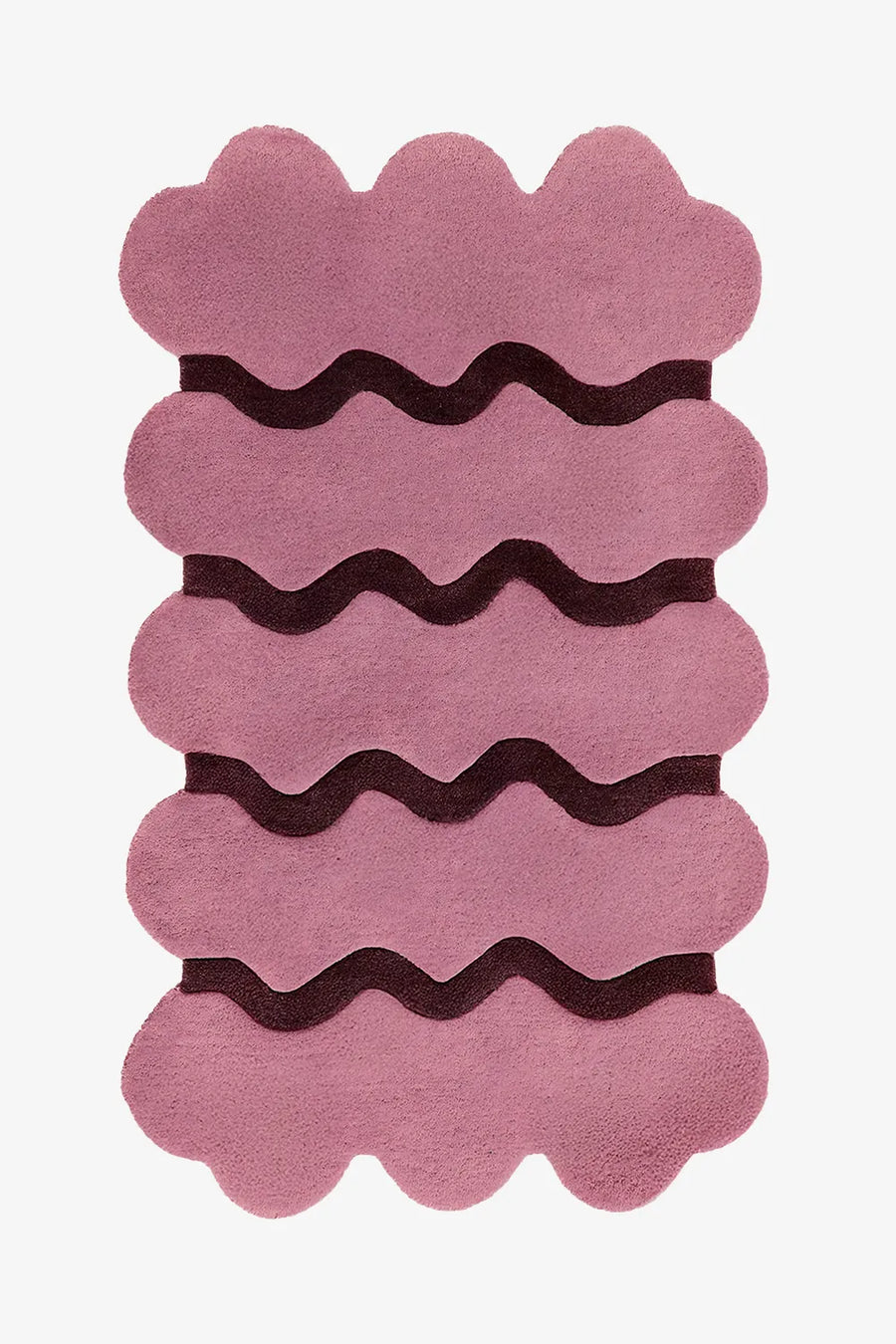 Flatlay view of a rose pink scalloped edge hand-tufted wool rug with wavy. burgundy brown accents, showcasing its modern and artistic design.