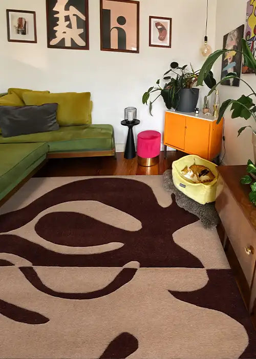 Organic Fusion Rug in brown styled in a bohemian living room.