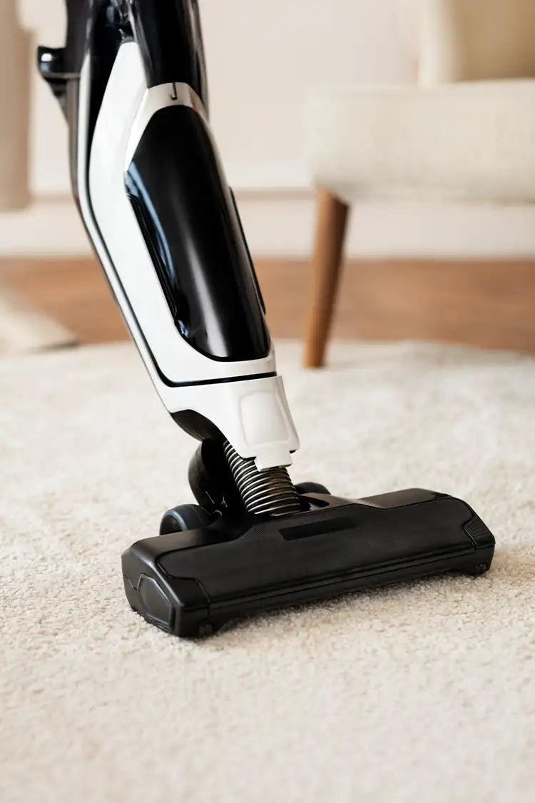 A scene of a vacuum cleaner being used on a thick, high-pile shag rug, demonstrating ease of maintenance. 