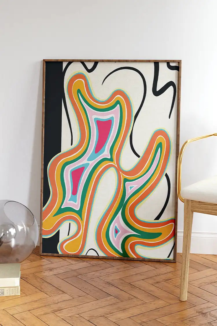 Framed abstract print with bold organic shapes in a modern interior, showcasing gallery-quality materials and fine detail