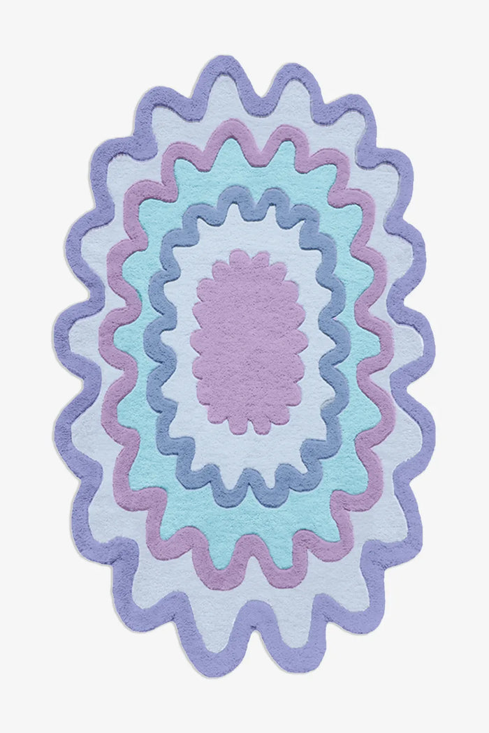 Wavy pastel wool rug in purple, blue, and mint, modern colorful area rug