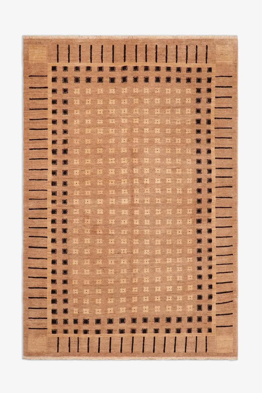 Mid Century Grid Hand-Knotted Wool Rug in Tan and Black
