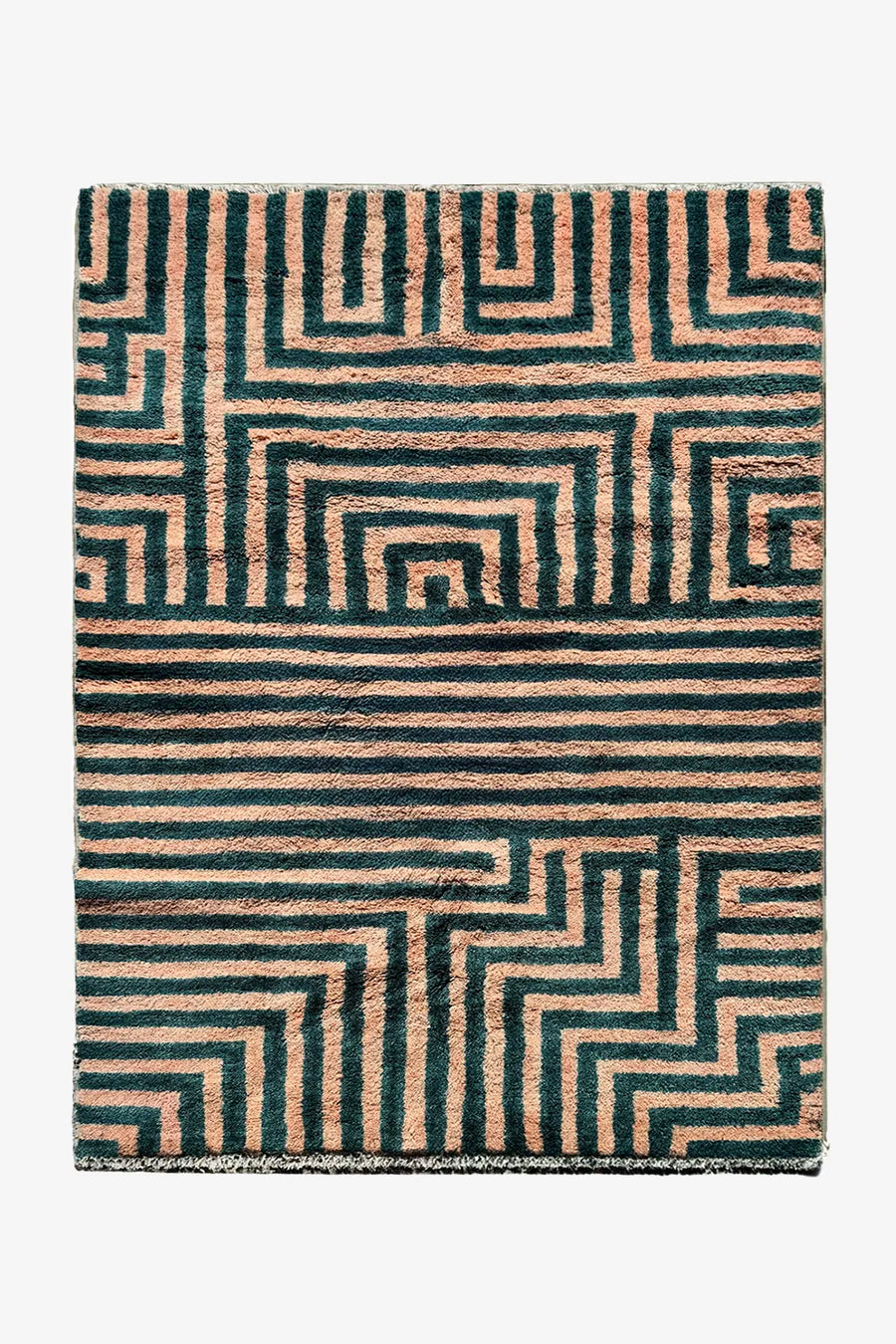 Green and Peach Maze Moroccan Hand Knotted Wool Shag Rug