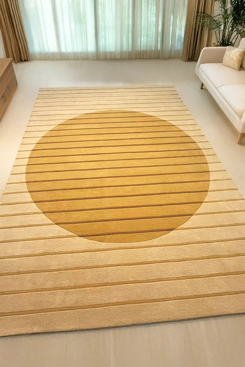 modern japandi rug with gold circle and striped design in modern living room