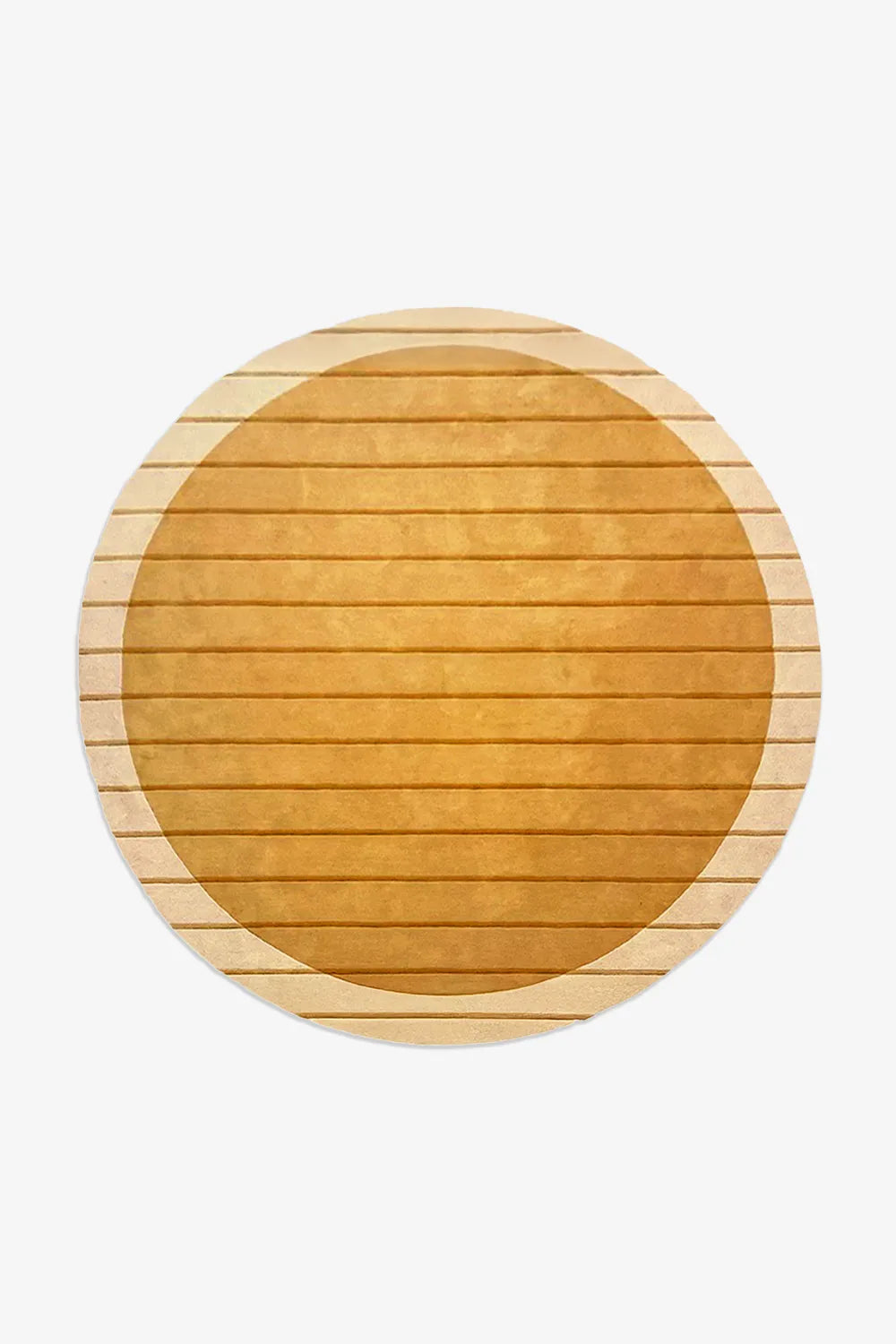 Golden yellow round wool rug with subtle striped carving, perfect for dining rooms, bedrooms, or cozy modern spaces