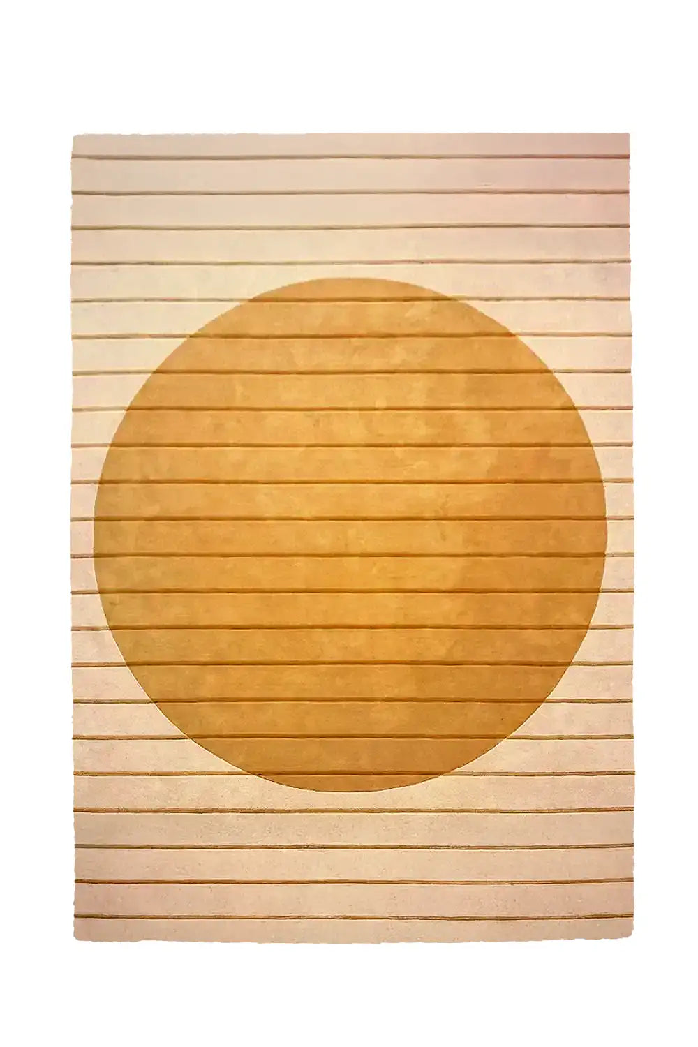 Full view of the neutral tan wool rug with golden circle motif and tonal line details, ideal for large living rooms or dining rooms