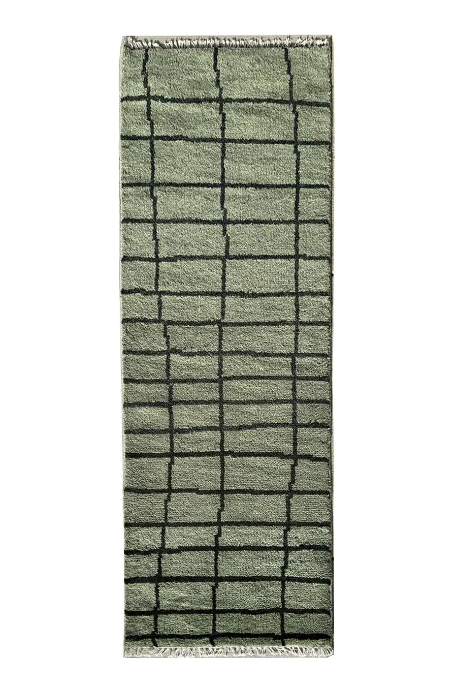 green hand-knotted wool runner rug with a minimalist gridline pattern, perfect for hallways