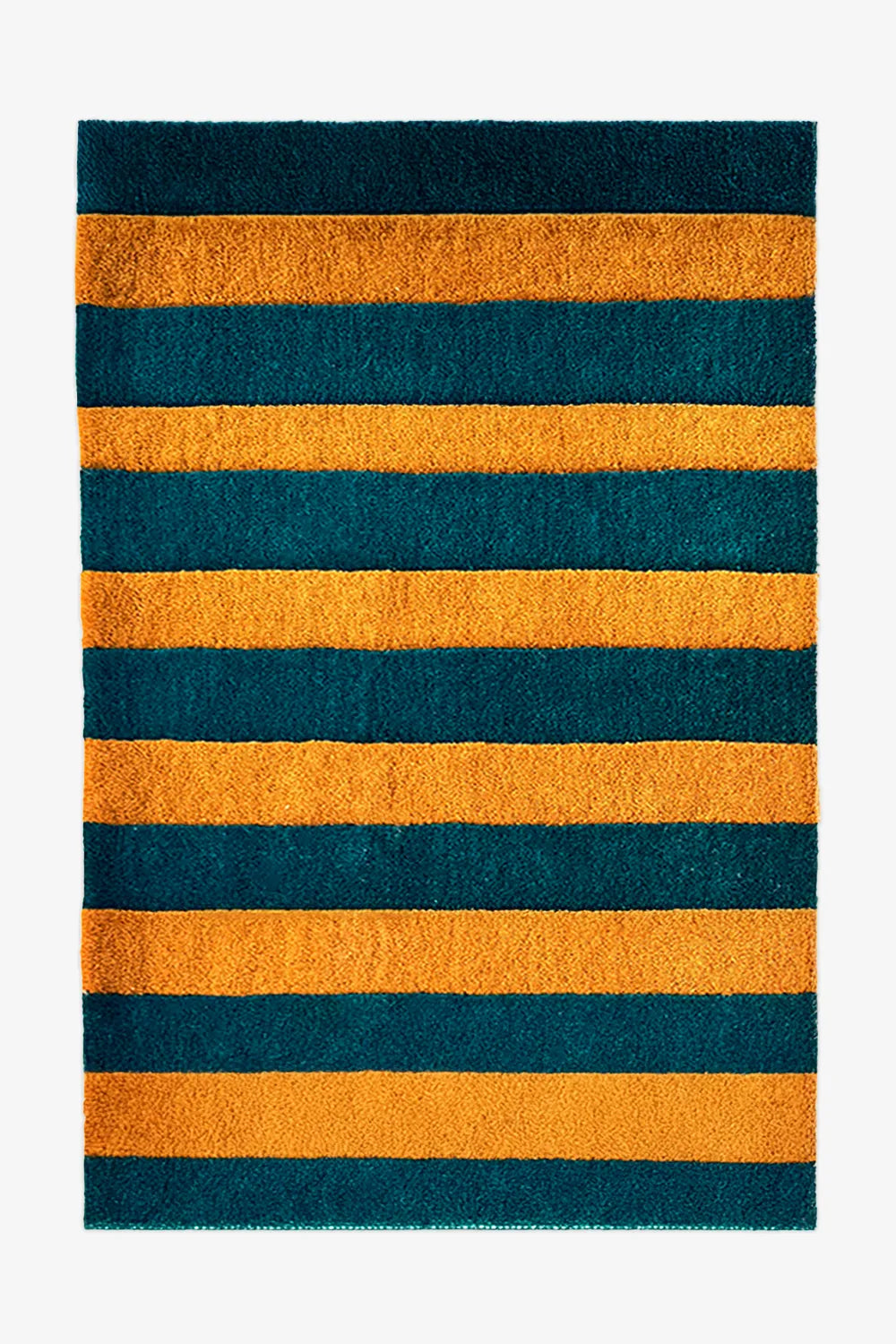 Green and gold striped wool rug with a bold, modern design.
