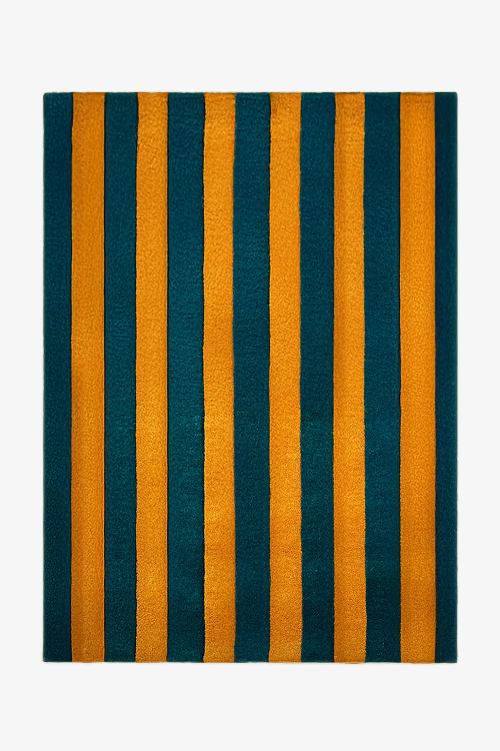 Green and gold striped rug with a plush hand-tufted wool texture.

