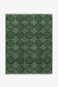 8x10 forest green hand-knotted wool rug with geometric octagon pattern and textured artisan weave