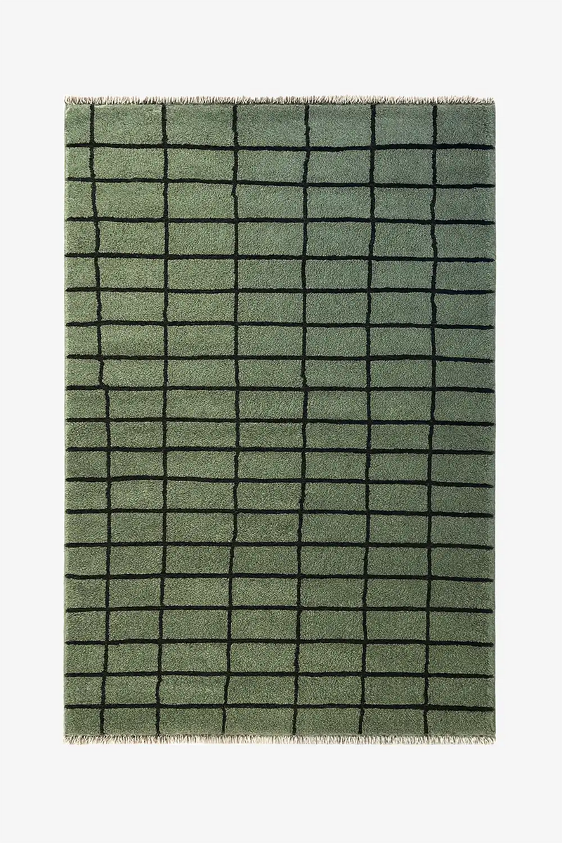 9x12 green geometric wool area rug with simple modern black grid design perfect for bedroom, living room, and kitchen