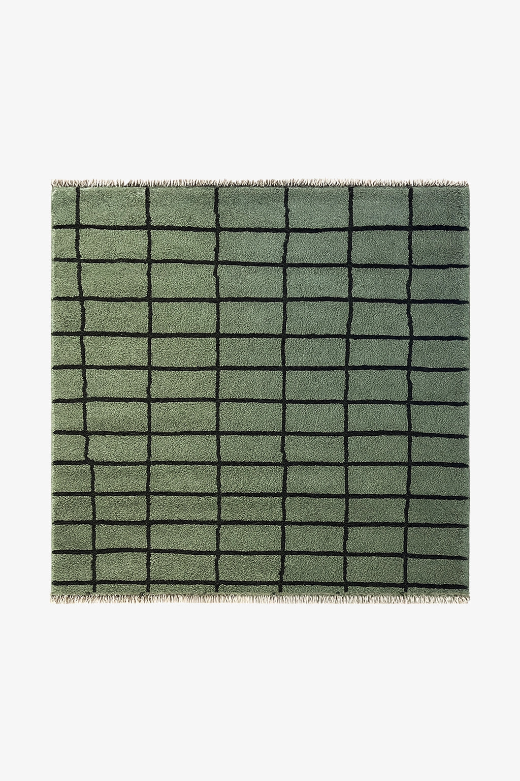 Green square wool rug with organic grid pattern, hand-knotted from wool and perfect for colorful modern interiors