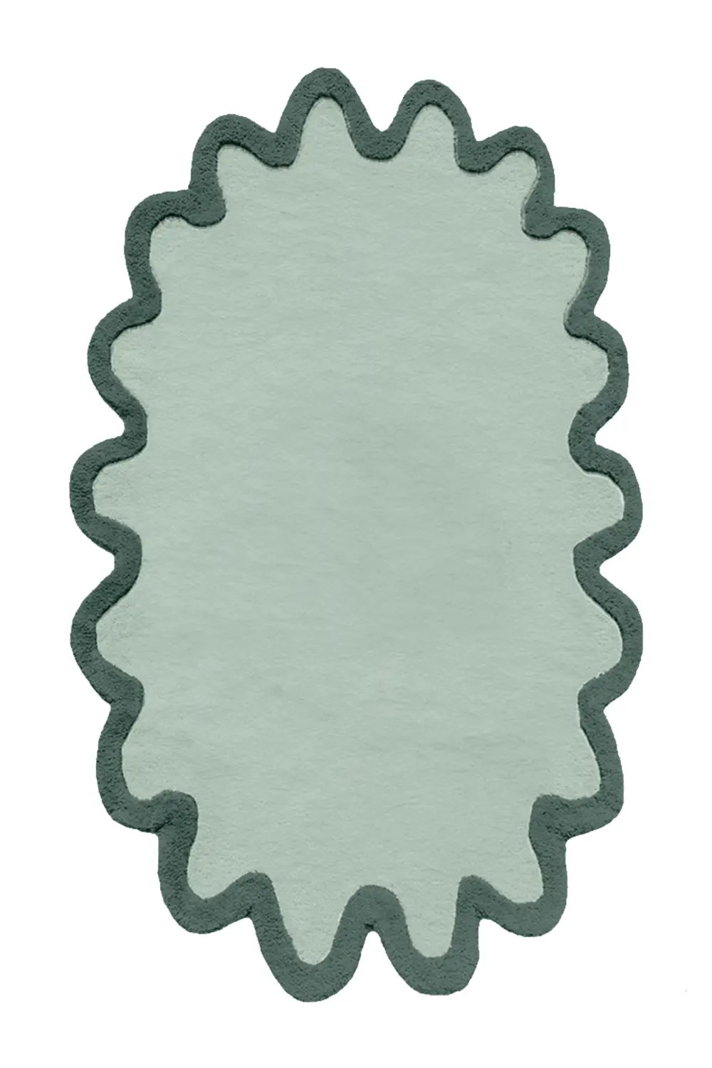 sage green wool rug oval shape Halo Burst Wool Rug with Single Scalloped Border Design
