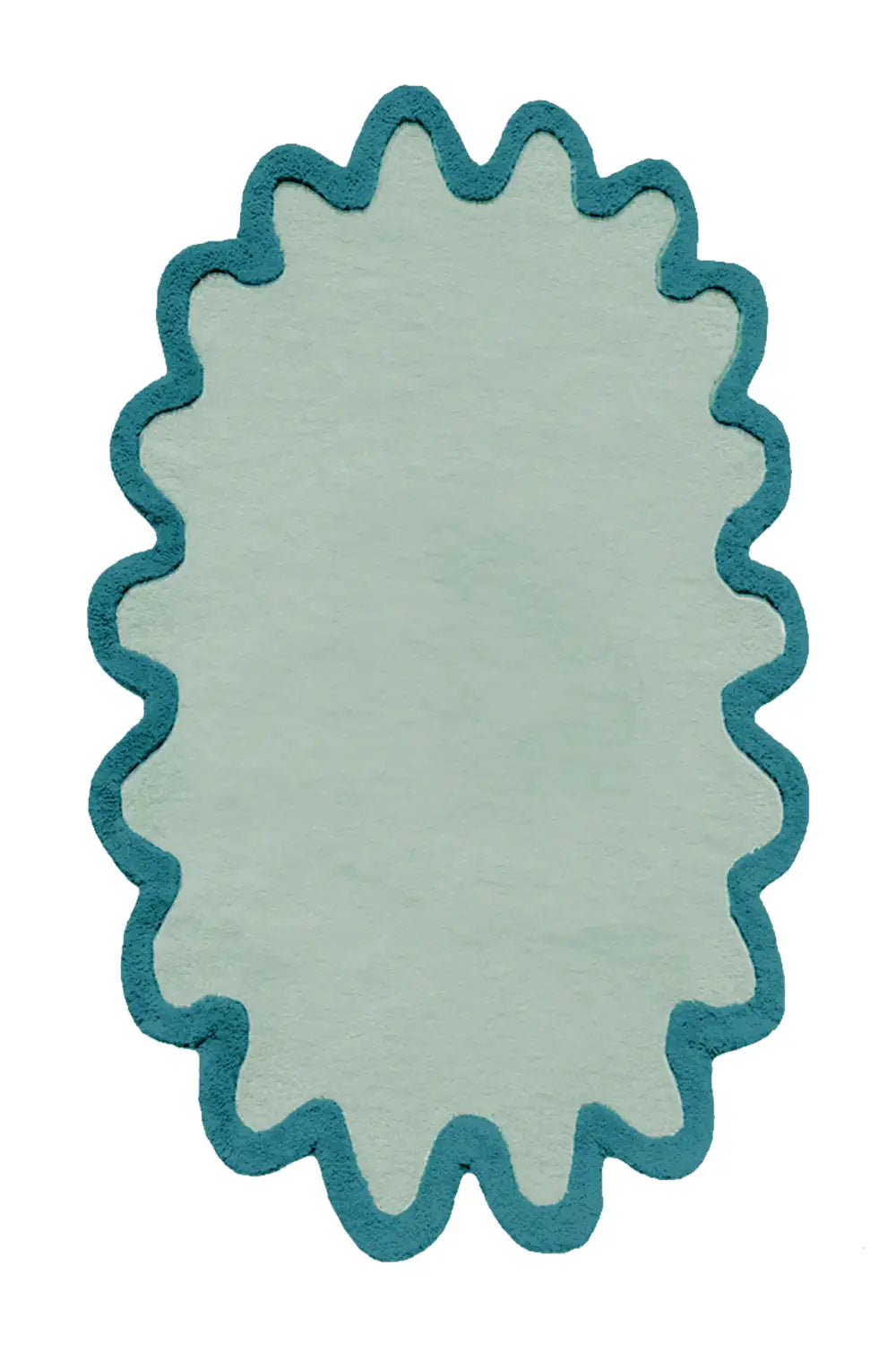 teal and turquoise wool rug Halo Burst Wool Rug with Single Scalloped edge Border Design