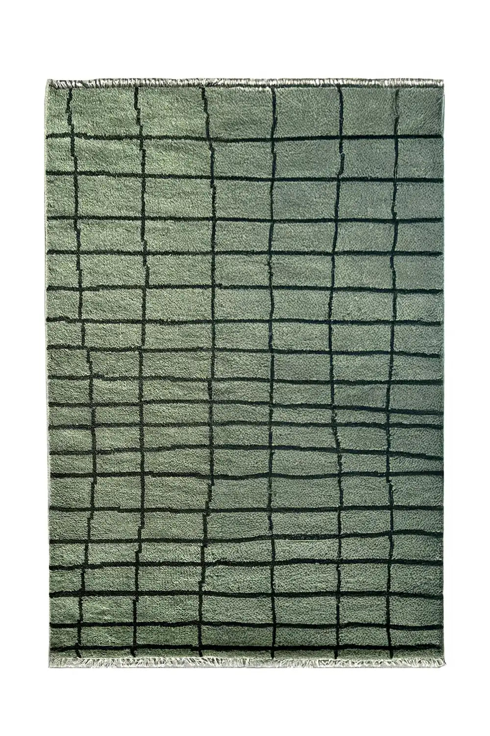 Hand-knotted wool rug with a modern gridline pattern in sage green.
