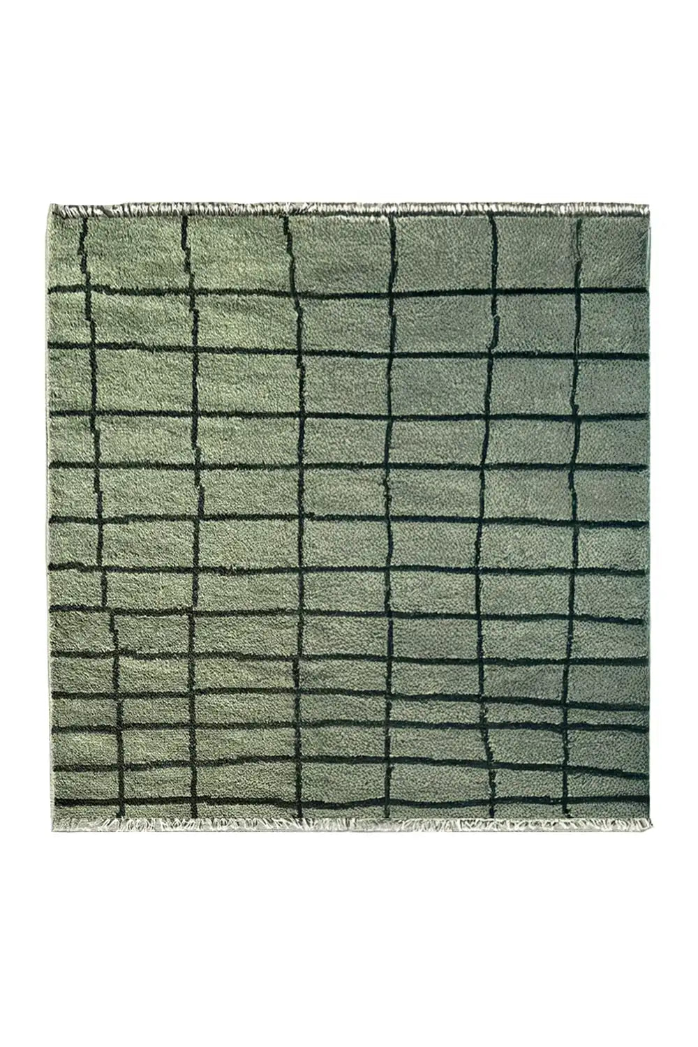 square rug in terracotta and olive green with a gridline design
