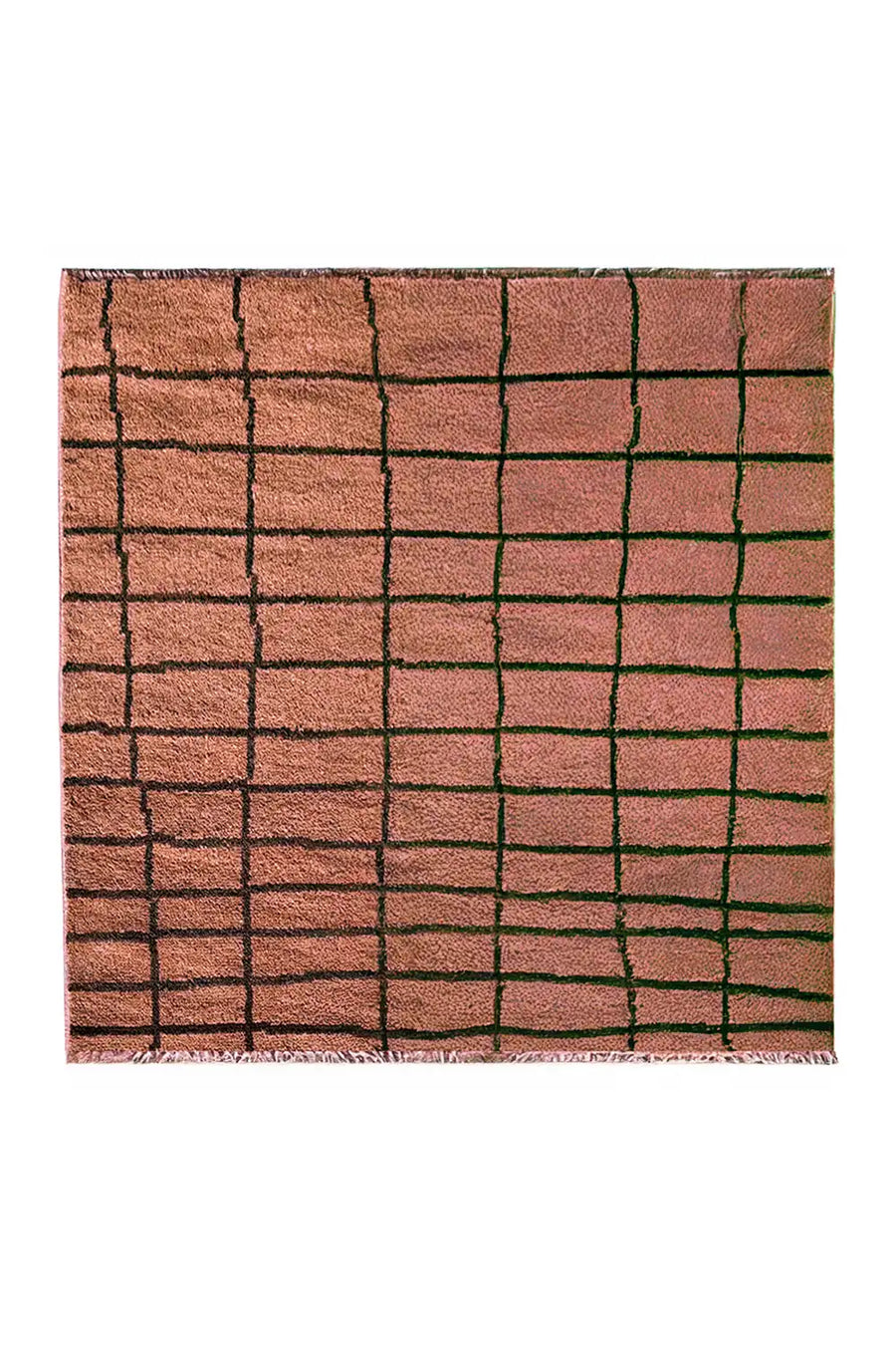 Hand-knotted wool square rug in terracotta with bold black gridlines