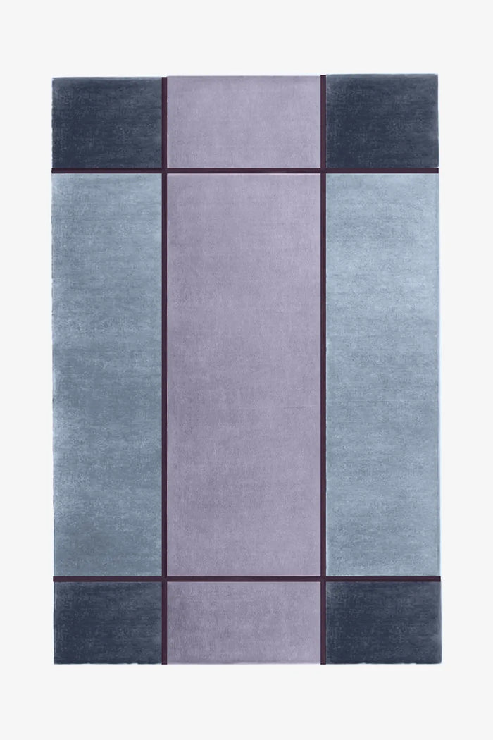 8x10 lavender and blue hand-tufted wool rug with minimalist modern block pattern and clean graphic lines