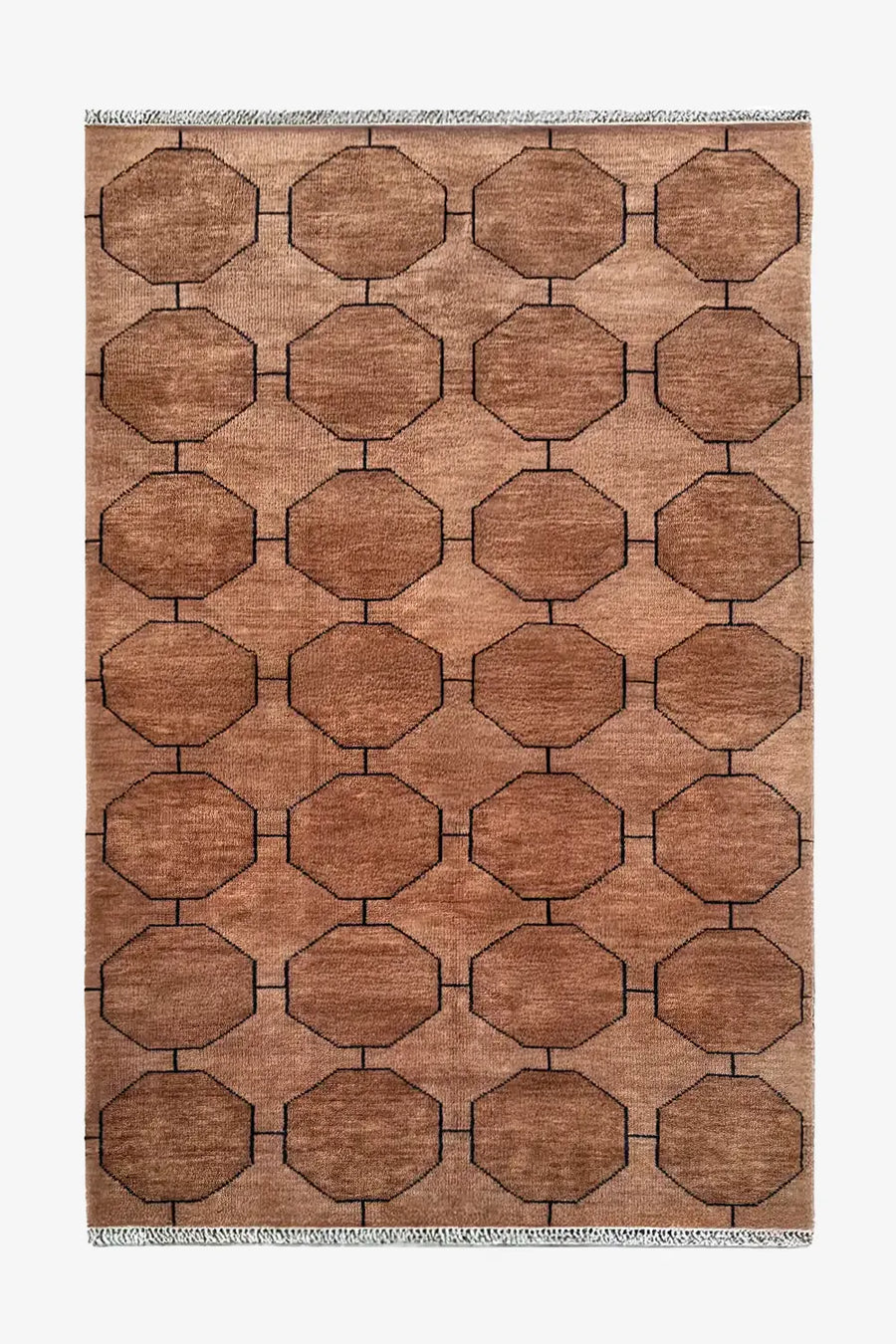 Full view of the Light Brown Octagon Hand-Knotted Wool Rug in 6x9 size on a flat surface

