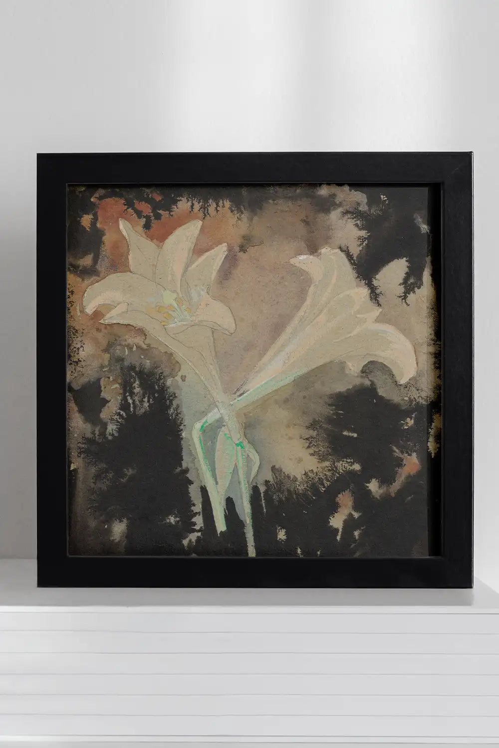 Vintage square floral still life painting featuring lilies with a dark abstract background.
