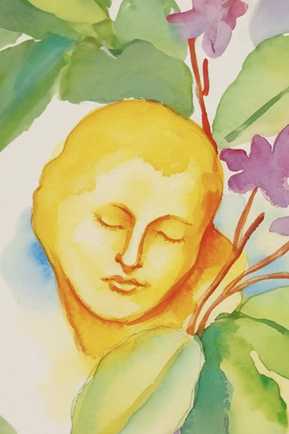 Close-up of Mango Glow Watercolor Art Print showcasing delicate floral details.
