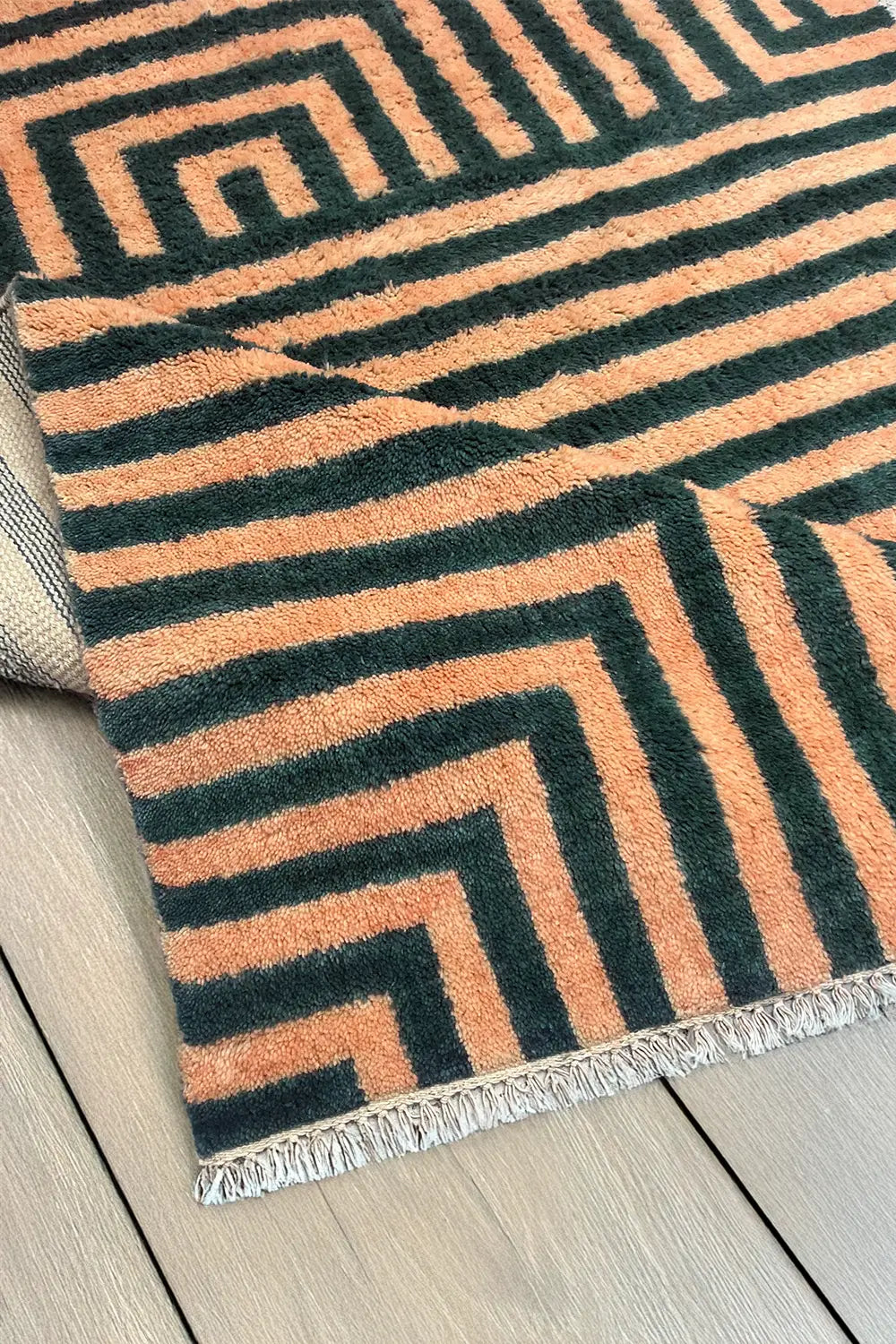 Green and Peach Maze Moroccan Hand Knotted Wool Shag Rug