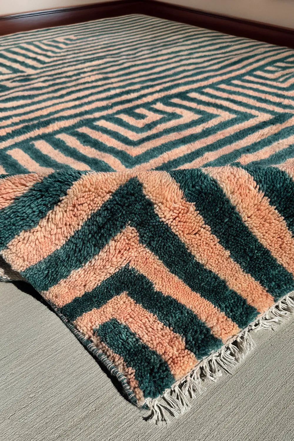 Green and Peach Maze Moroccan Hand Knotted Wool Shag Rug 5x8