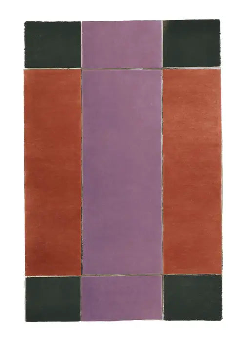 Mid century modern geometric wool area rug with a deep purple and rust-toned stripe design, framed by dark green corners.
