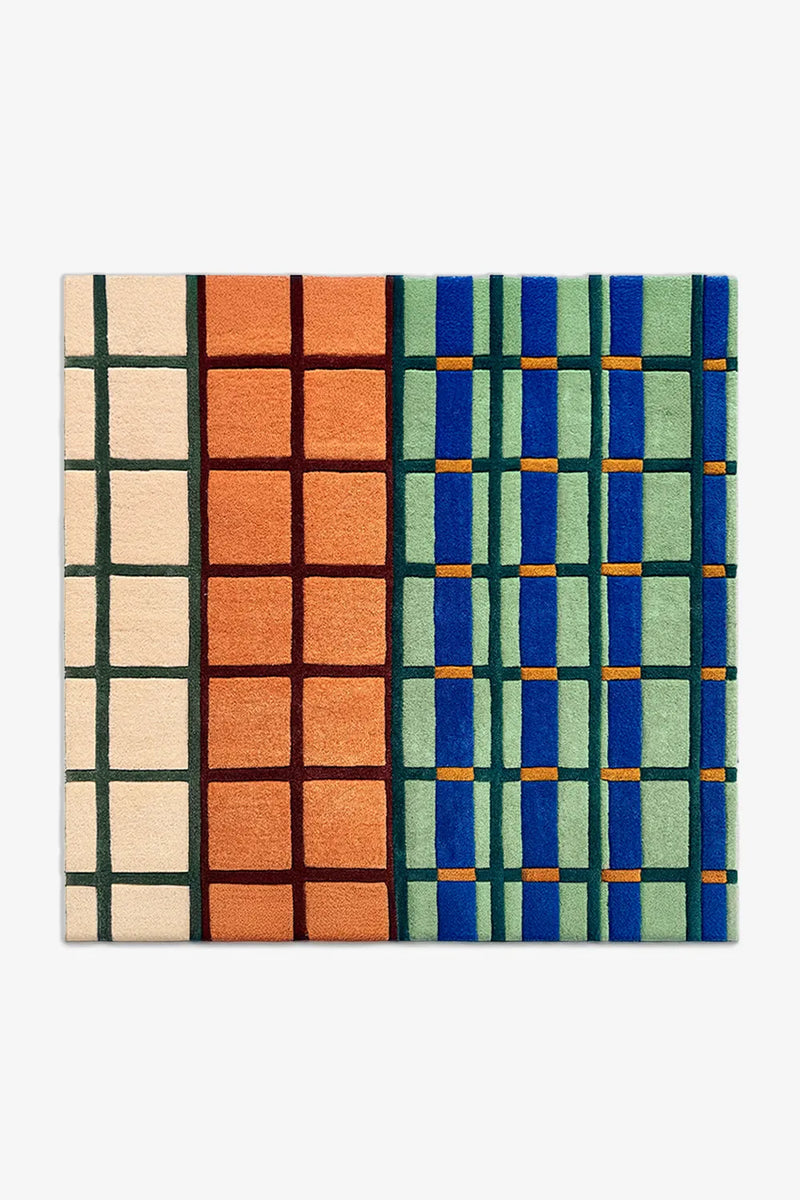 6x6 colorful wool square rug with retro modern mid century inspired block pattern in orange, blue, cream, and green