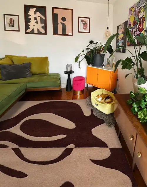 modern living room with a custom size brown organic abstract area rug