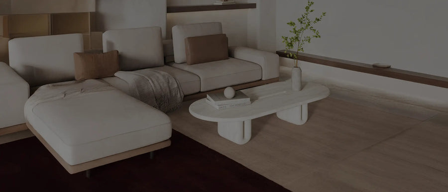 Modern living room featuring a Jubi custom rug, styled with neutral tones and contemporary decor.