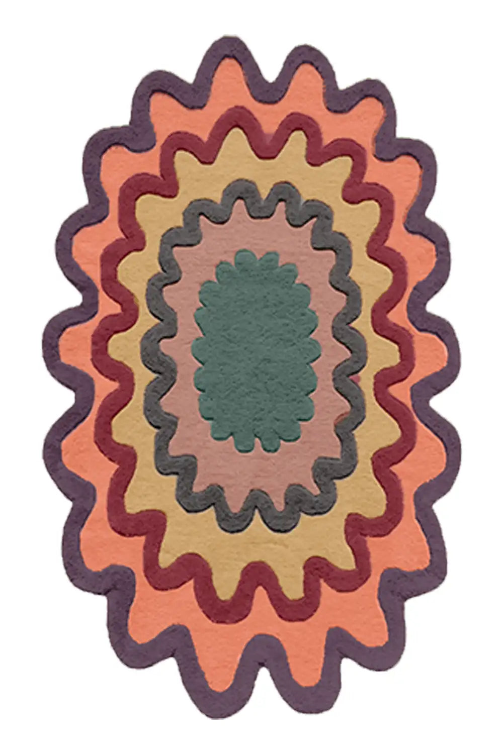 Warm earthy multicolor scalloped wool rug in terracotta and sage, bohemian living room area rug