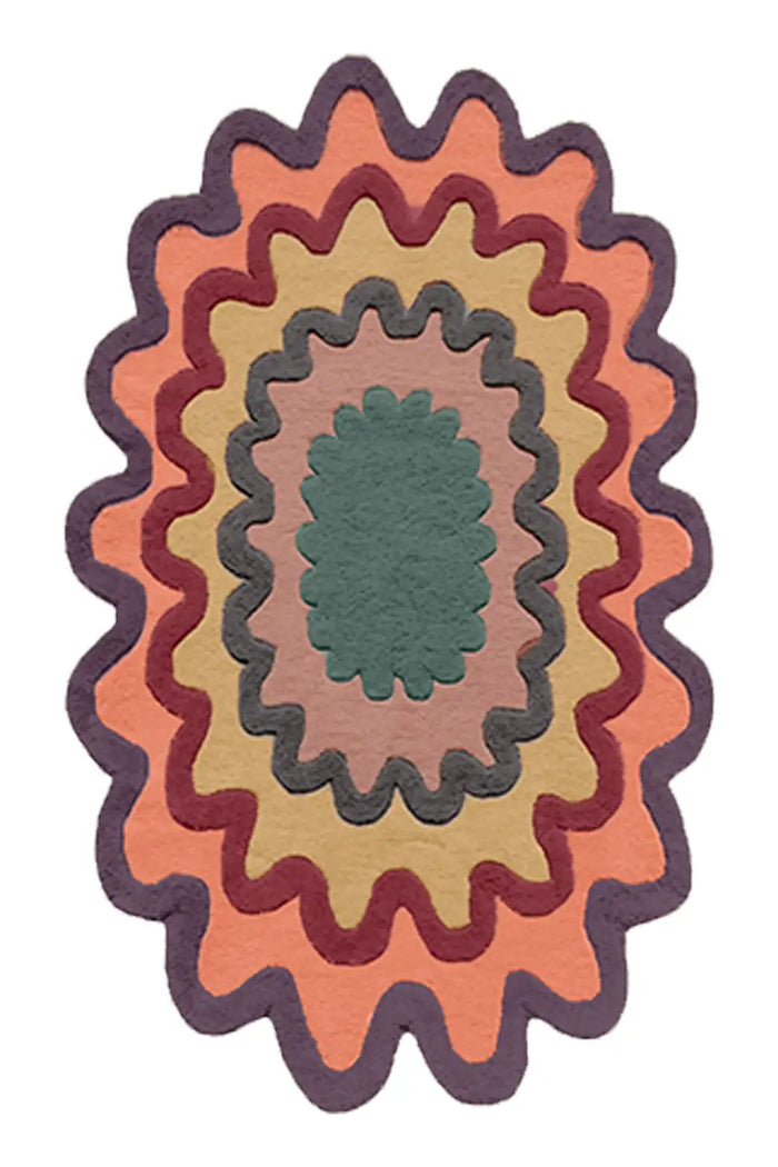 Warm earthy multicolor scalloped wool rug in terracotta and sage, bohemian living room area rug