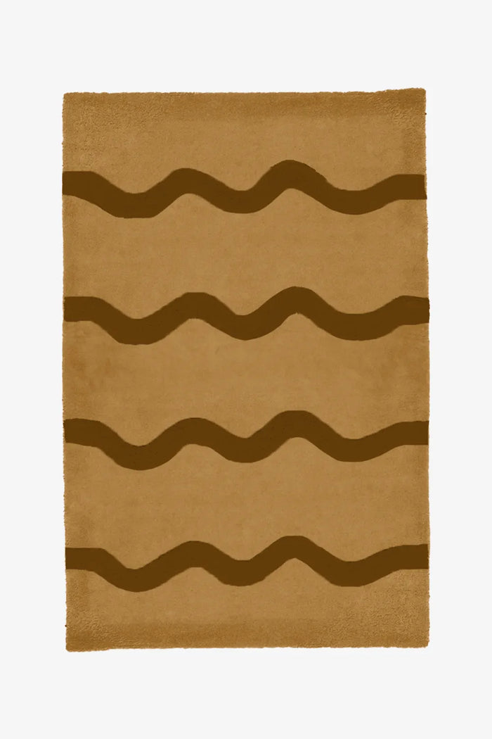 Warm tan and brown wavy stripe wool rug, modern southwestern-inspired area rug for cozy interiors
