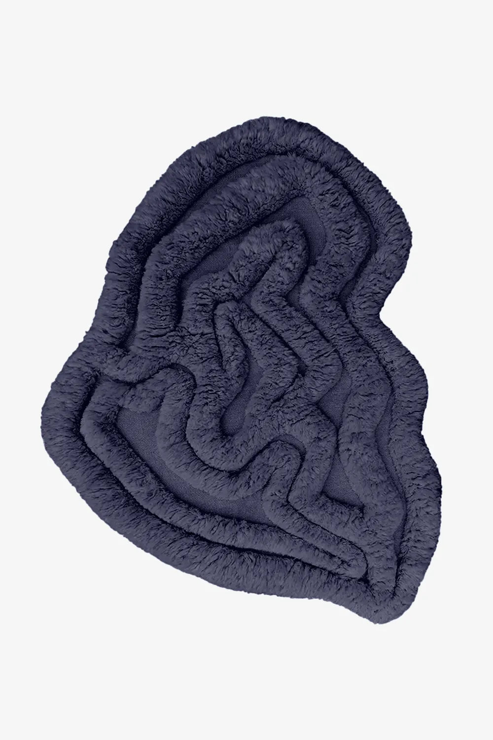 Dark navy irregular shaped shag rug with sculpted high-pile texture, ideal for modern living rooms or offices
