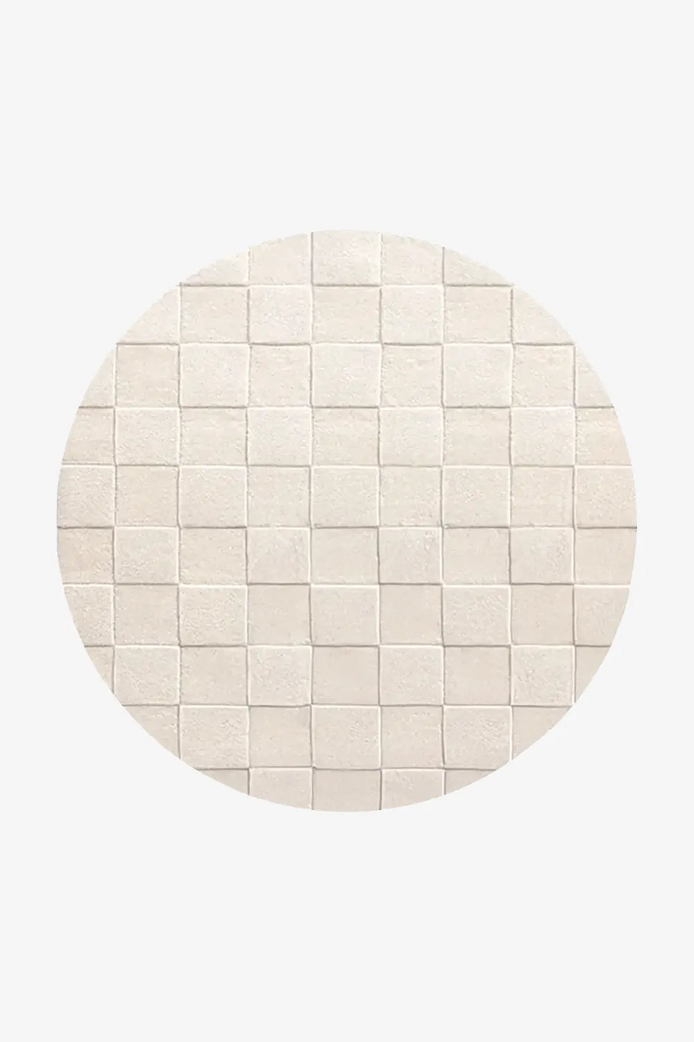 Handmade round cream checkered rug in a neutral palette for living rooms and nurseries
